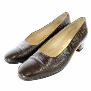 パンプス ローヒール チャンキーヒール スクエアトゥ クロコ型押し レザー 4.5 22cm 茶色 ブラウン