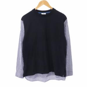 19SS フェイクレイヤードスウェット トレーナー プルオーバー 長袖 ドッキング 切替 ストライプ 48 M 紺 ネイビー
