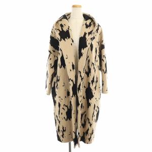 フーデッドボタンレスガウンコート ロング丈 総柄 ウール 34 S ベージュ 黒 ブラック
