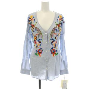 ブラウス シャツ 長袖 ストライプ 刺繍 36 S ライトブルー 黄色 イエロー タグ付き