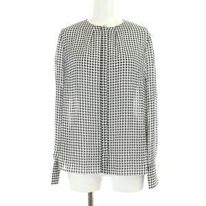 Paul Stuart 19SS ノーカラーシャツ ブラウス 長袖 ボウタイ リボン 総柄 6 S 白 黒 ホワイト ブラック