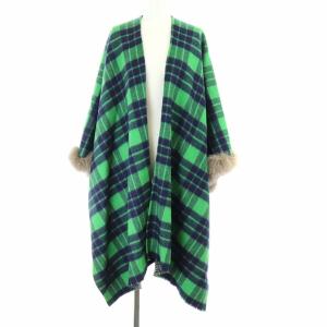 18AW チェック リバーストール ポンチョ アウター ミドル ロング フォックスファー 緑 紺 グリーン ネイビー