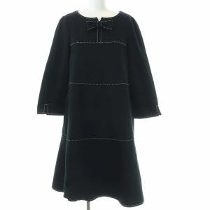 2020年製 七分袖 ワンピース ひざ丈 ステッチ リボン 38 M ブラック