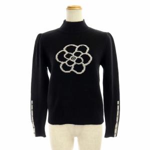 2020年 ニット セーター ハイネック プルオーバー パフスリーブ 長袖 ビーズ装飾 カメリア 花 ウール 38 M 黒