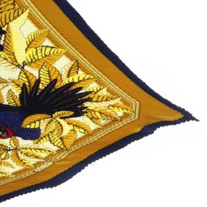 HERMES Les Perroquets プリーツ スカーフ ネイビー イエロー