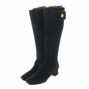 LOUIS VUITTON ロングブーツ スエード スクエアトゥ LVマーク ゴールド金具 37 23.5cm ブラック