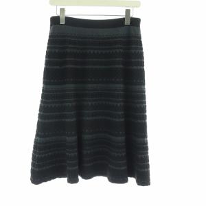 Leilian ニット フレアスカート ひざ丈 総柄 ペチコート付き 11 L 黒 ブラック グレー
