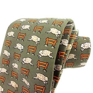 HERMES ネクタイ 羊 総柄 シルク100％ カーキ