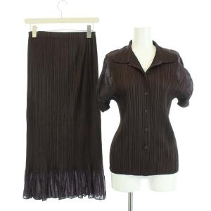イッセイミヤケ プリーツ セットアップ シャツ 半袖 スカート  3 4 ブラウン