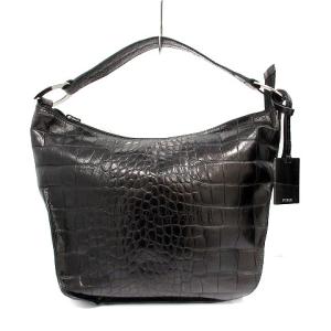 ハンドバッグ レザー スクエア クロコ型押し プレート ブラウン