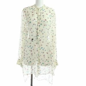 18年製 BEE刺繍 バンドカラーシャツ ブラウス 長袖 シアー 総柄 イタリア製 S ベージュ