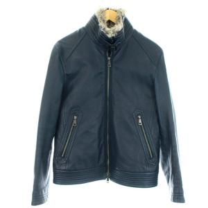 ライダース レザージャケット ラムレザー ラビットファー M 紺