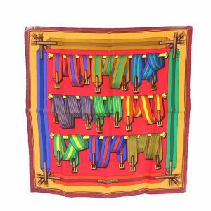 カレ40 J.METZ Les Sangles スカーフ シルク サスペンダー柄 レッド ベージュ