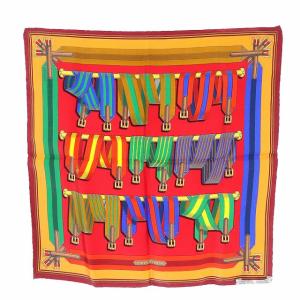 HERMES カレ40 J.METZ Les Sangles スカーフ シルク サスペンダー柄 レッド ベージュ