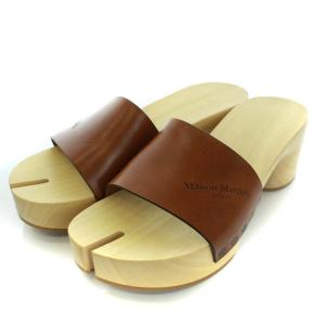 20AW 足袋シューズ サンダル ミュール レザー ウッド 38.5 24.5cm ブラウン