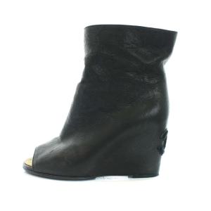 CHANEL ショートブーツ ココマーク オープントゥ レザー 黒