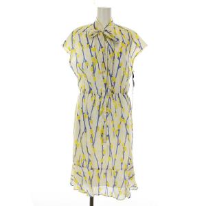 18SS ボウタイワンピース フレア 半袖 フレンチスリーブ 総柄 38 イエロー ブルー