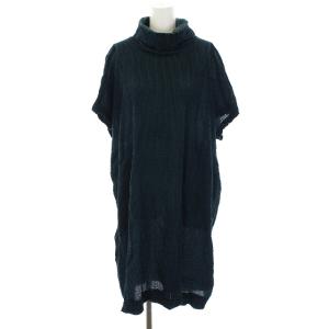 ワンピース ひざ丈 半袖 ハイネック ストライプ グリーン