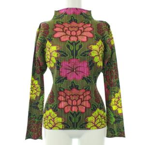 イッセイミヤケ カットソー 長袖 プリーツ ハイネック 花柄 3 L カーキ マルチカラー