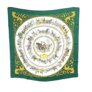 カレ90 LA PROMENADE DE LONGCHAMPS ロンシャンへの散歩 スカーフ 緑 白