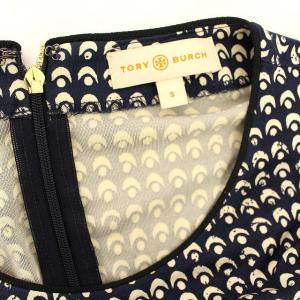 TORY BURCH シルクタイトワンピース  ひざ丈 総柄 長袖 S ネイビー 紺