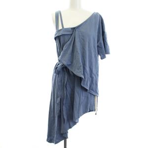 チュニック カットソー 半袖 変形 コットン ベルト ブルー