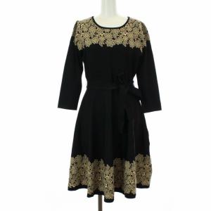 2018年 ニット ワンピース ひざ丈 七分袖 花柄 40 ブラック ベージュ