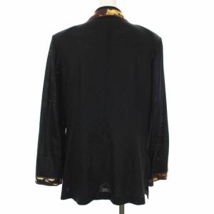 LEONARD FASHION シングル テーラードジャケット ニット プリント切替 リネン L ブラック オレンジ