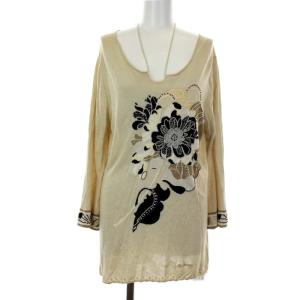 FASHION 花柄プリントラインストーンチュニック L ベージュ