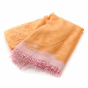 LOUIS VUITTON ストール 大判 モノグラム フリンジ シルク ウール バイカラー  オレンジ ピンク