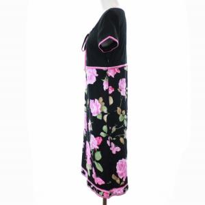 LEONARD FASHION ワンピース 半袖 ひざ丈 ラウンドネック 花柄 リボン M ブラック ピンク