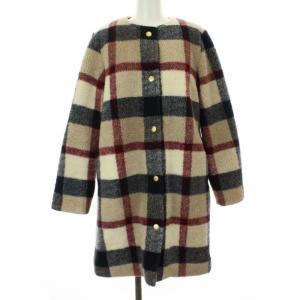 ノーカラーコート ボア ウール混 チェック 36 S ベージュ ネイビー ボルドー
