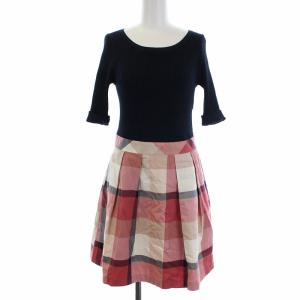 21SS ドッキングニットワンピース 七分袖 ひざ丈 チェック 切替 38 ネイビー ピンク