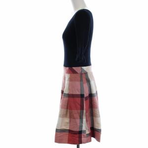 BLUE LABEL CRESTBRIDGE 21SS ドッキングニットワンピース 七分袖 ひざ丈 チェック 切替 38 ネイビー ピンク