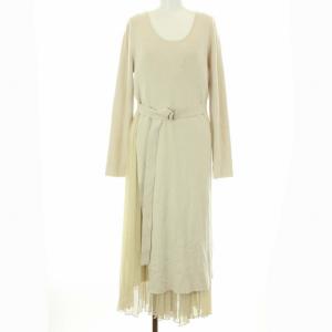 20SS ニットコンビワンピース ロング 長袖 プリーツ ベルト 36 S アイボリー ベージュ