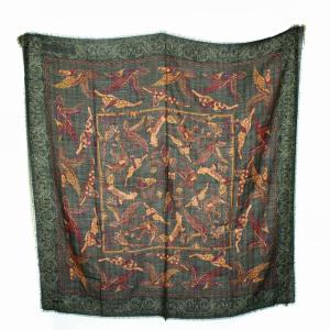 Salvatore Ferragamo カシミヤシルク混総柄ストール カーキ