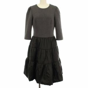 20年製 ワンピース フレア ひざ丈 異素材 中綿スカート 七分袖 38 M グレー ブラック