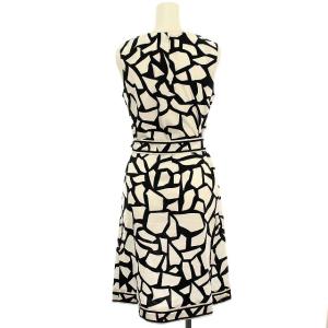 LEONARD ワンピース ノースリーブ タイト ひざ丈 総柄 リボンベルト 34 S ブラック ホワイト