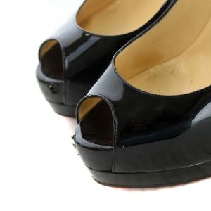 Christian Louboutin オープントゥパンプス プラットフォーム ハイヒール エナメル 38 25cm ブラック D