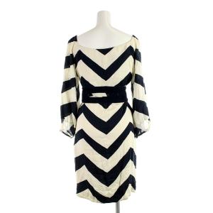 DIANE von FURSTENBERG ワンピース ひざ丈 長袖 ベルト付き シルク 4 XS ネイビー ホワイト