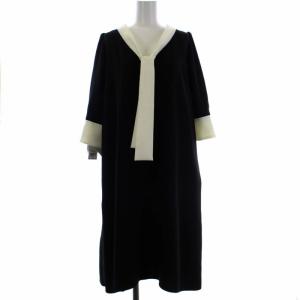 19AW ボウタイAラインワンピース ひざ丈 七分袖 バイカラー 38 M ブラック ホワイト