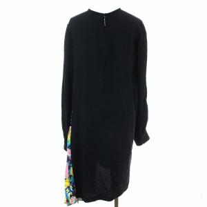 MSGM ワンピース ひざ丈 花柄 プリーツ切替 リボン 長袖 38 ブラック マルチカラー