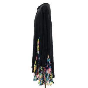 MSGM ワンピース ひざ丈 花柄 プリーツ切替 リボン 長袖 38 ブラック マルチカラー