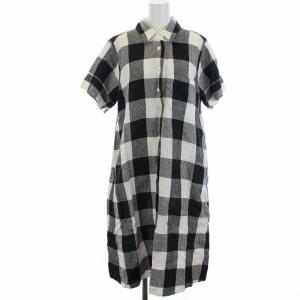 20SS シャツワンピース 半袖 ロング ブロックチェック リネン 2 ブラック ホワイト