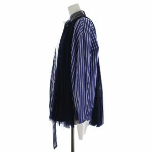 sacai 21SS シアー 切替 プリーツ シャツ ブラウス 長袖 ストライプ S ネイビー ホワイト
