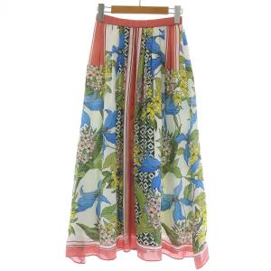 19SS フラワープリントフレアスカート ロング丈 36 S ホワイト ピンク マルチカラー