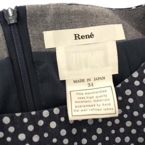 René TISSUE ワンピース ドット デニム フレンチスリーブ タイト ひざ丈 34 ネイビー