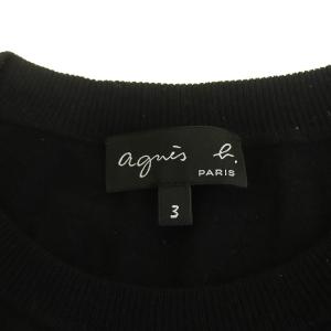 agnes b. ニット セーター カットソー クルーネック 長袖 フクロウ ウール 絹混 シルク混 カシミヤ混 3 L ブラック
