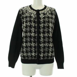 ツイード切替 カーディガン ニット 長袖 ビジュー フェイクパール タグ付き ウール混 F ブラック