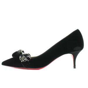 Christian Louboutin パンプス ポインテッドトゥ ハイヒール リボン ベロア ラインストーン 24.0cm 黒